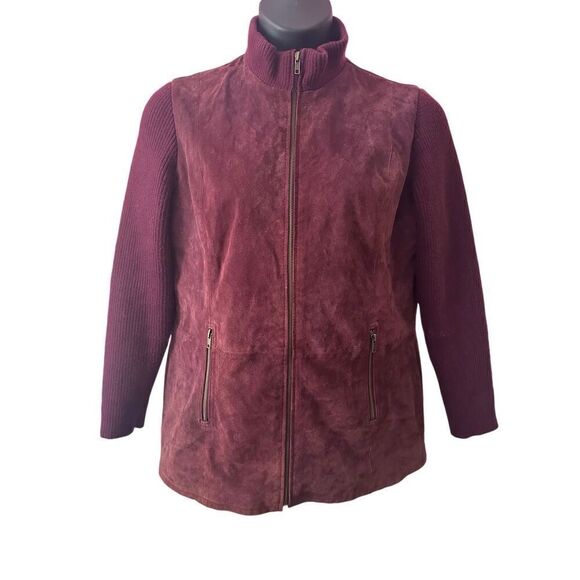 JG Hook Women's Dark Burgundy High Neck Suede Full Zip Jacket Size 14W - Picture 1 of 9